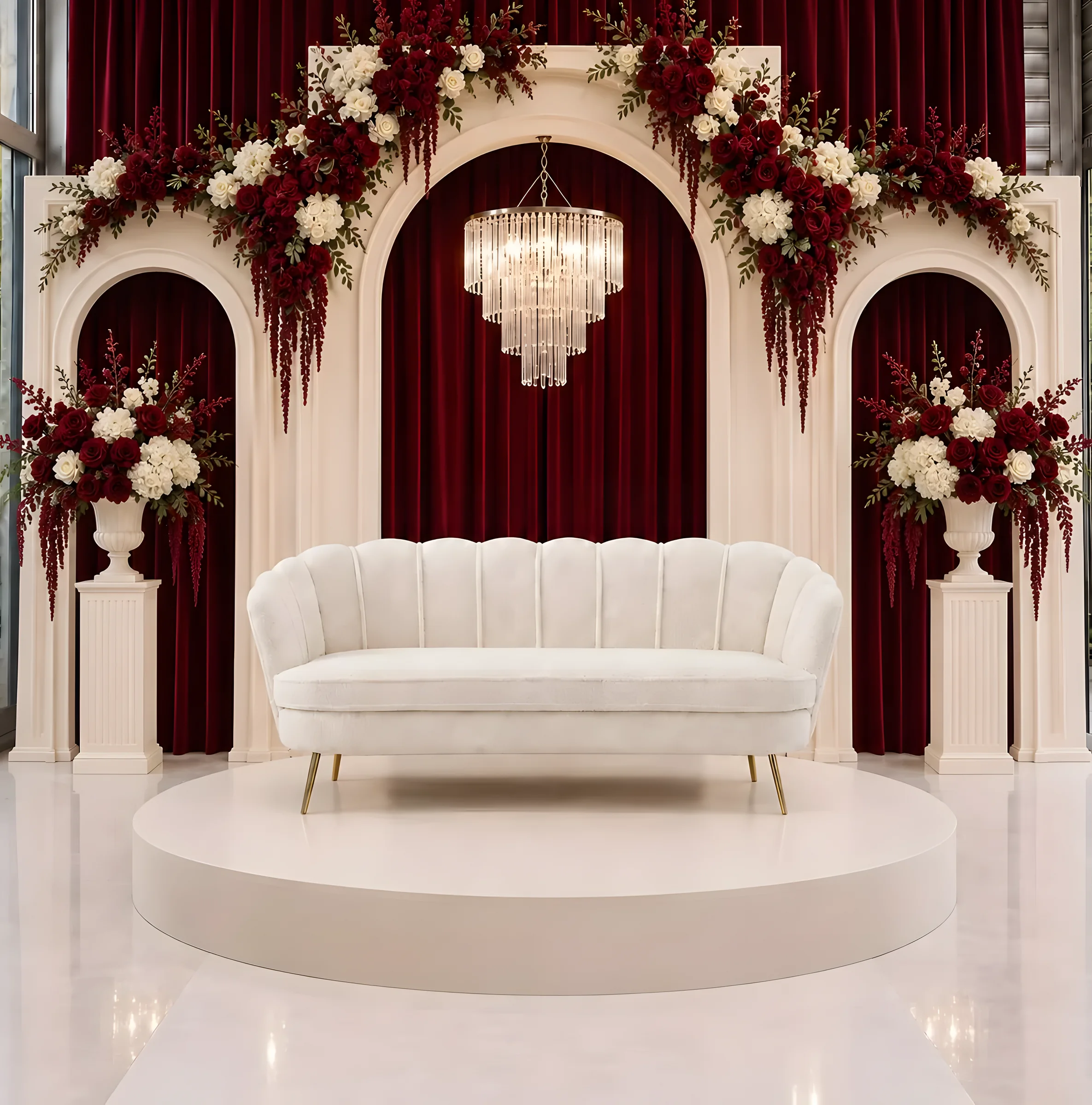 Burgundy Arches & Chandelier - Star Event Rental Houston TX