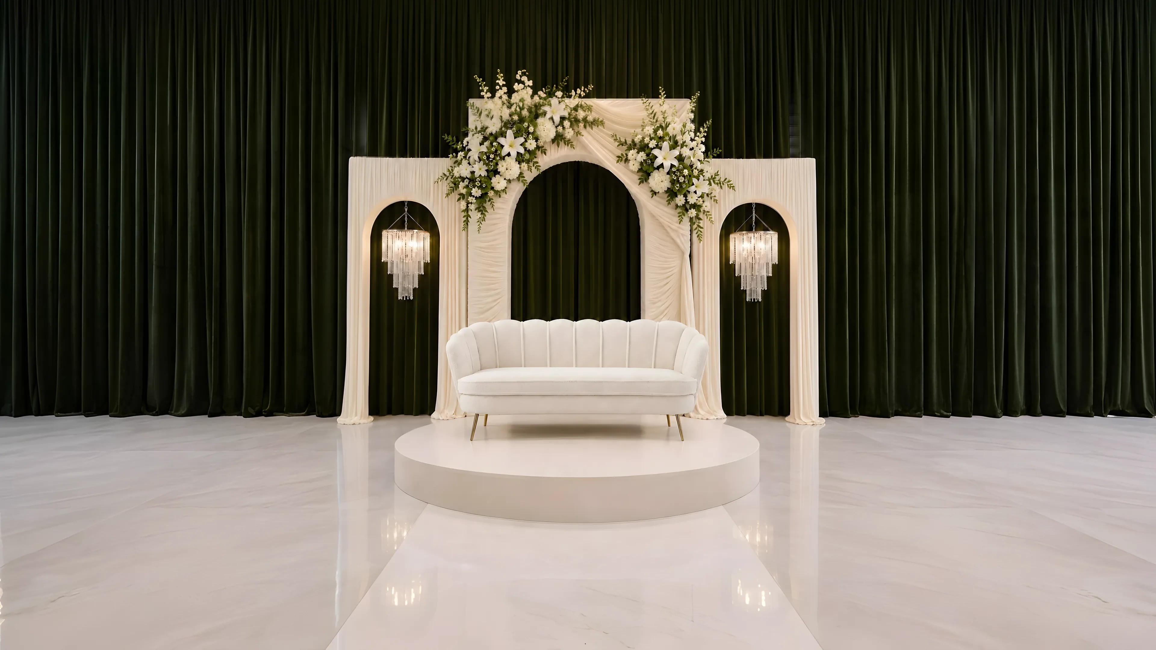 Arcos Marfil sobre Drapeado Negro - Star Event Rental Houston TX
