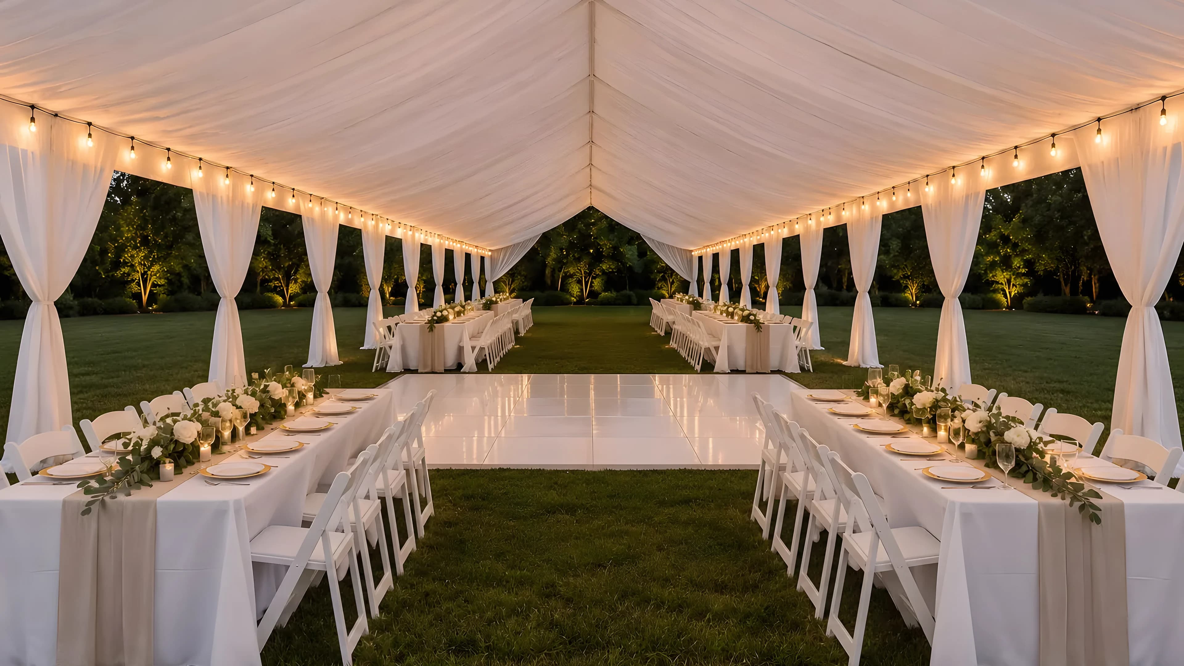 Draped Tent with String Lights and Dance Floor - Star Event Rental Houston TX