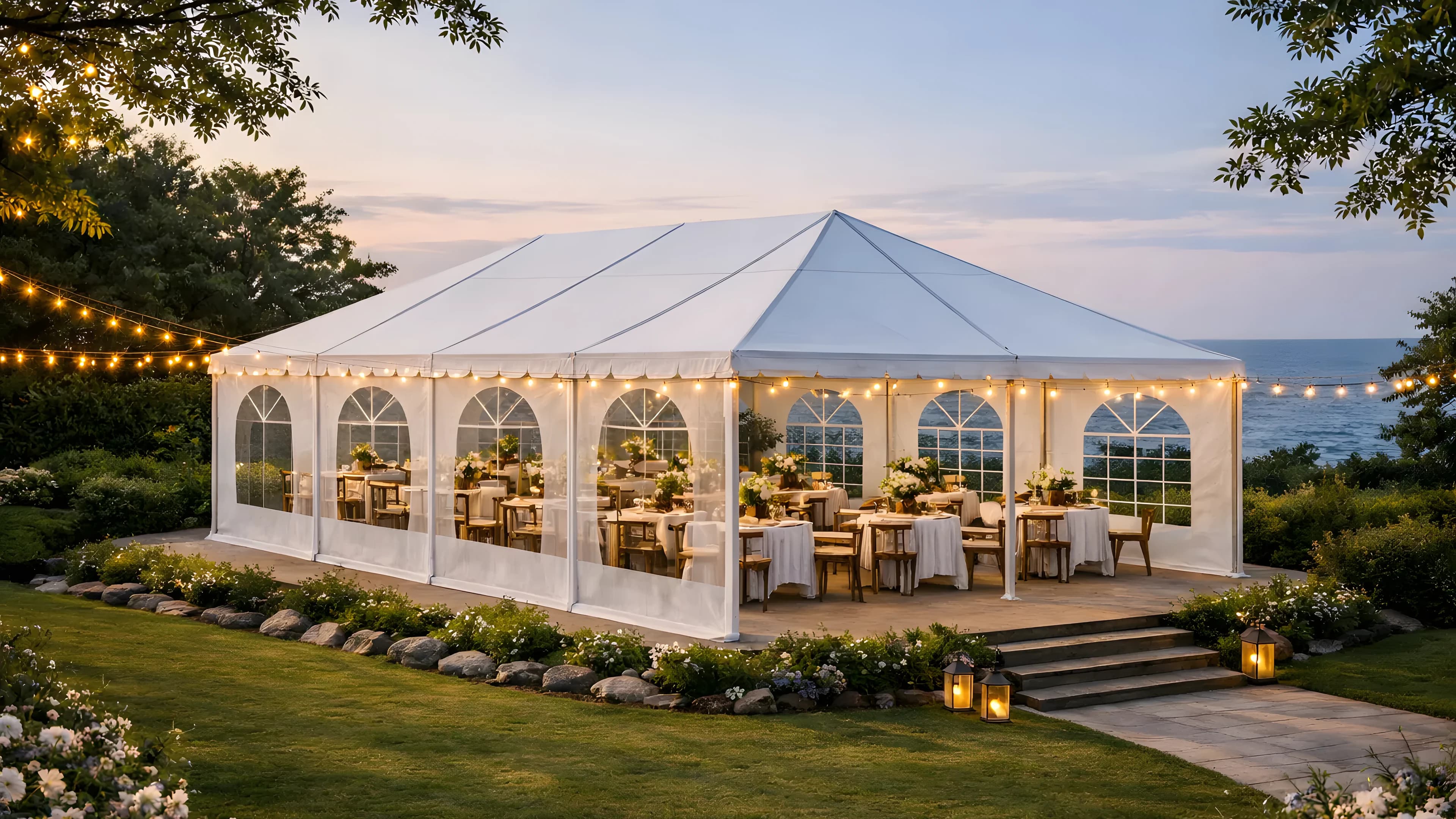 Frame Tent with Window Walls at Sunset - Star Event Rental Houston TX